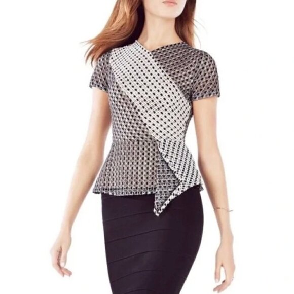 BCBGMaxAzria Kaleigh Top Black White Peplum Asymmetrical, Small - Picture 1 of 11